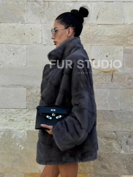 Короткая норковая шуба с английским воротником - цвет графит - фото 9