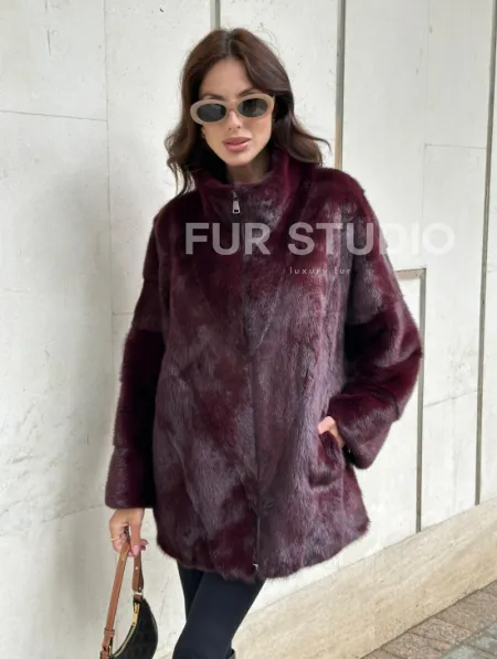Женская норковая курточка - цвет бордо - фото 5