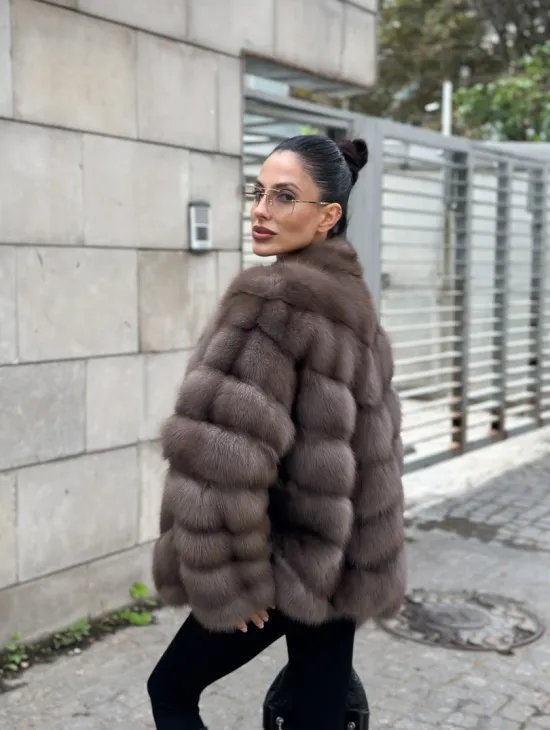 Меховой жакет - шуба из куницы цвет трюфель - фото 5