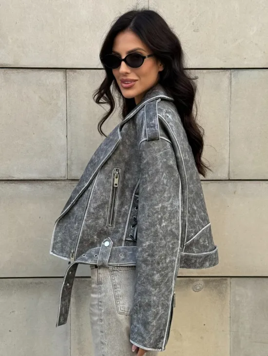 Косуха из натуральной кожи Vintage со шнуровкой - цвет серый - фото 10