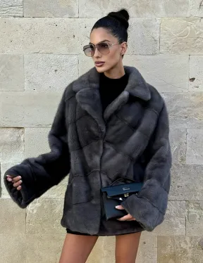 Короткая норковая шуба с английским воротником - цвет графит - фото 8