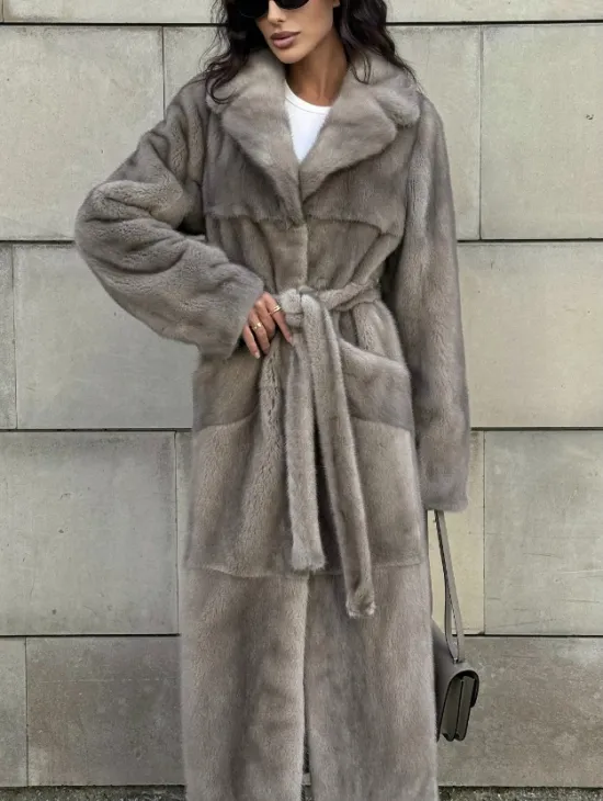 Норковая шуба цельный мех с поясом Luxury Line - цвет silver - фото 10