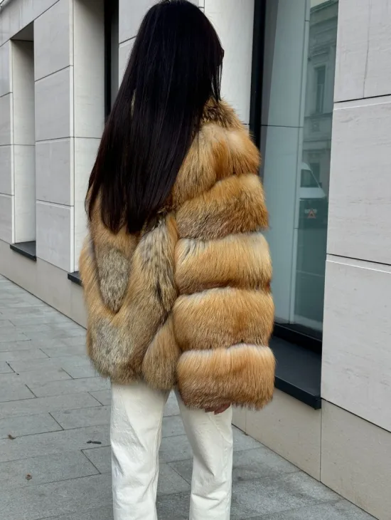 Шуба из меха рыжей лисы в натуральном цвете, паркетной раскладке - фото 5