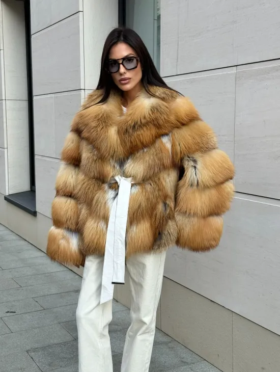 Шуба из меха рыжей лисы в натуральном цвете, паркетной раскладке - фото 7