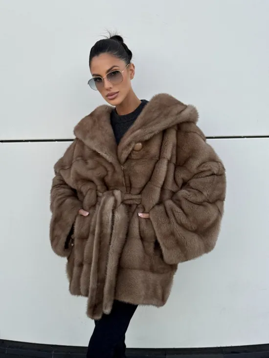 Норковая шуба автоледи с капюшоном кобра, цвет Тортор - фото 0