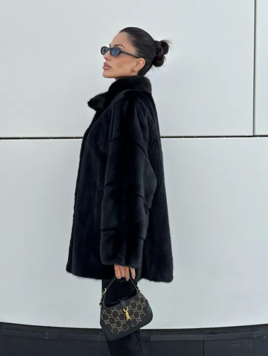 Норковая шуба полупальто из меха норки стойка воротник - фото 2