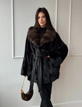 Полушубок из норки Black с воротником из меха темной куницы - фото 10