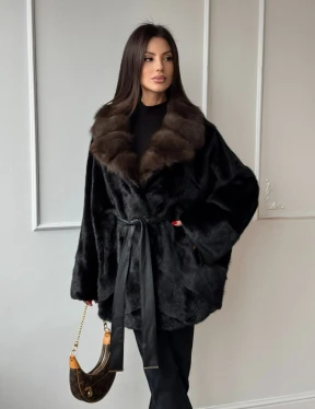 Полушубок из норки Black с воротником из меха темной куницы - фото 8