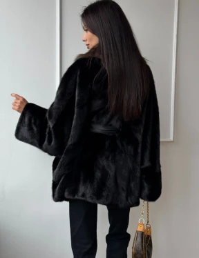 Полушубок из норки Black с воротником из меха темной куницы - фото 6