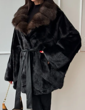 Полушубок из норки Black с воротником из меха темной куницы - фото 3