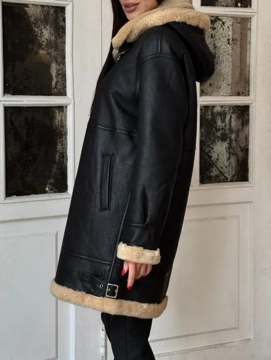 Женская удлиненная дубленка авиатор с отстегивающимся капюшоном - фото 5