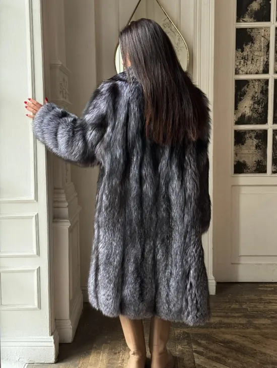 Длинная шуба из натурального меха чернобурки, воротник шаль - фото 3