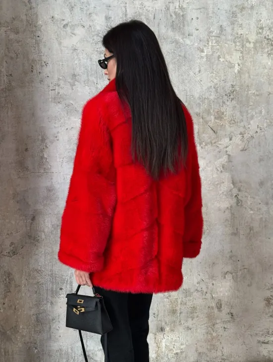 Красный полушубок из натурального меха норки - фото 6