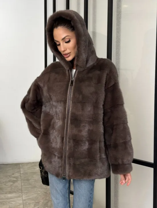 Норковый полушубок с капюшоном на молнии - фото 6