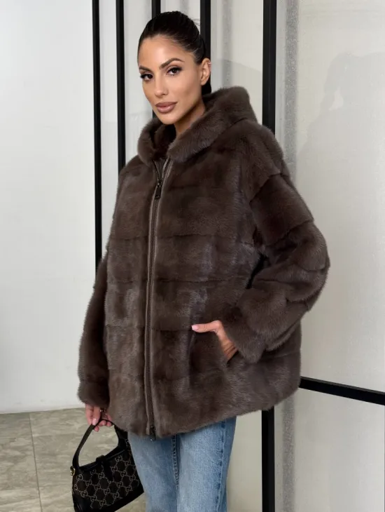 Норковый полушубок с капюшоном на молнии - фото 0