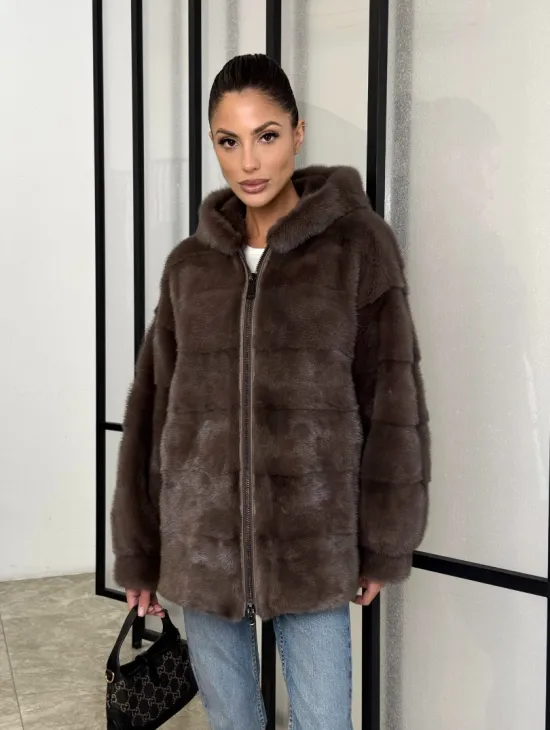 Норковый полушубок с капюшоном на молнии - фото 10