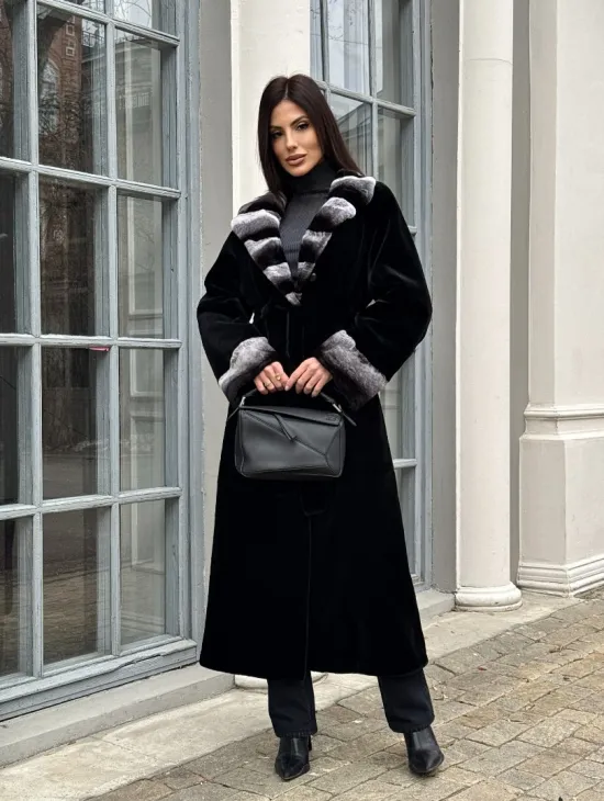 Шуба из стриженой норки с отделкой под шиншиллу - фото 9