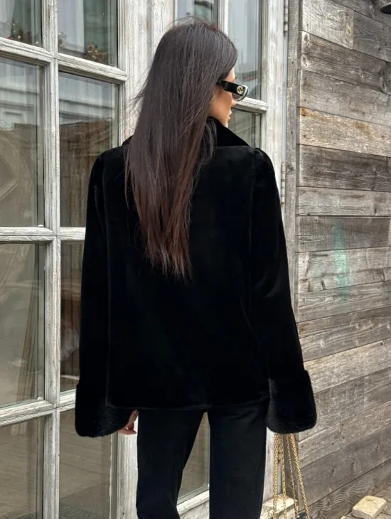 Короткий меховой полушубок из стриженной норки, английский воротник - фото 3