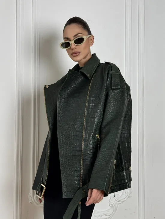 Куртка - косуха из натуральной кожи «CROCO» Dark green - фото 9