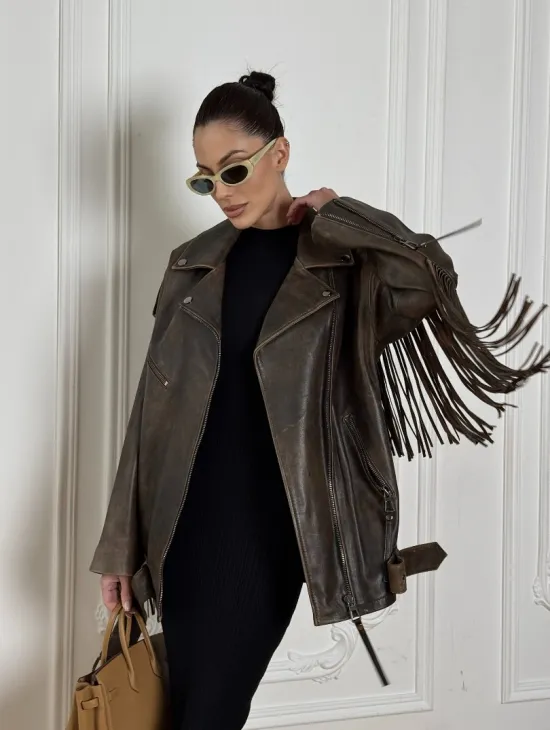 Косуха Vintage brown с кожаной бахромой на спине - фото 8