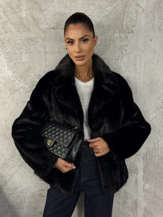 Черный норковый кроп - жакет с английским воротником - фото 6