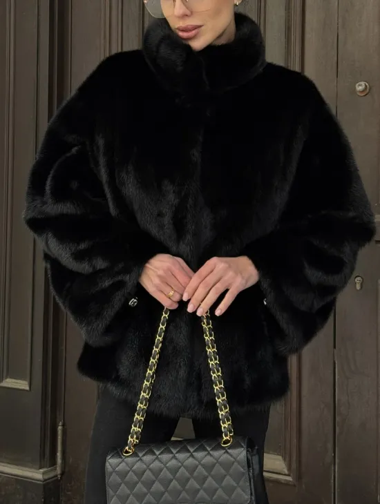 Норковый полушубок черного цвет стойка воротник - фото 3
