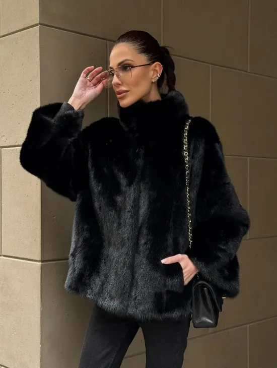 Норковый полушубок черного цвет стойка воротник - фото 11