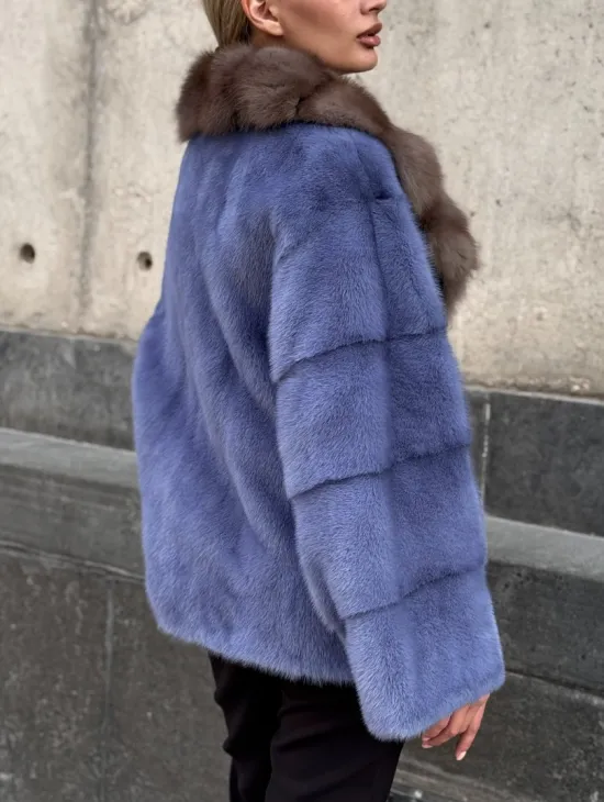 Короткая шуба норковая с воротником из куницы - фото 1