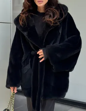 Пончо из норки с капюшоном кобра - черно-синий - фото 1
