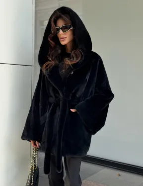 Пончо из норки с капюшоном кобра - черно-синий - фото 2