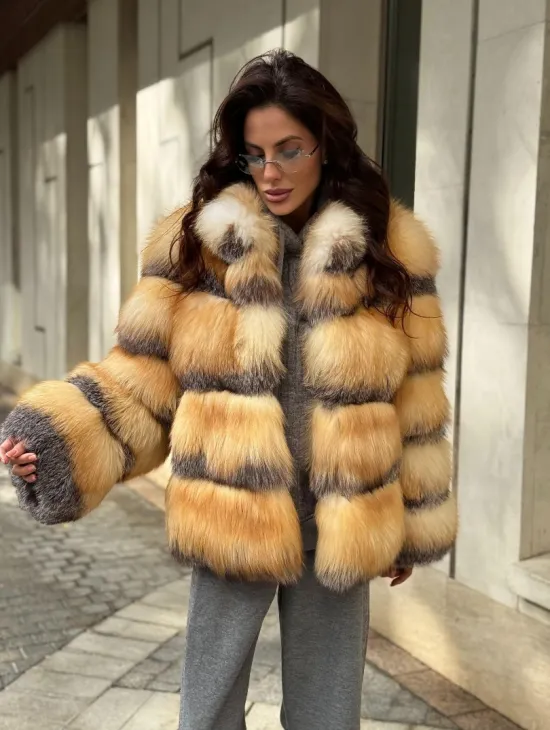 Полушубок из меха лисы Golden-grey fox стойка воротник - фото 5