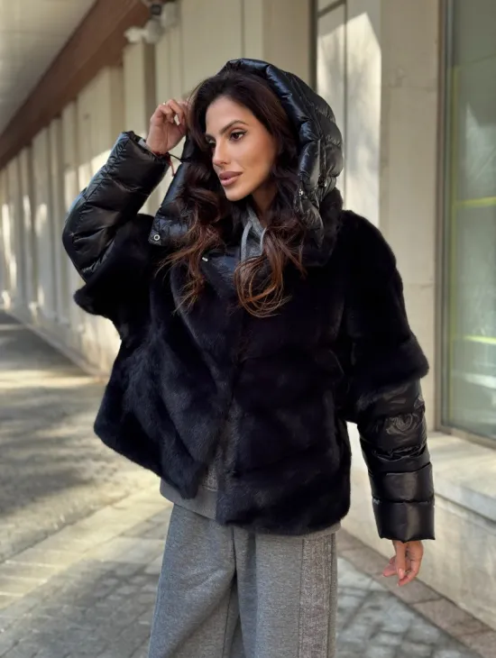 Женская меховая норковая куртка -темный графит - фото 0
