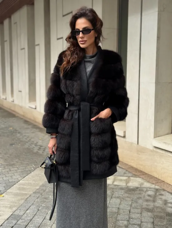 Пальто из куницы с отделкой кашемира - фото 1