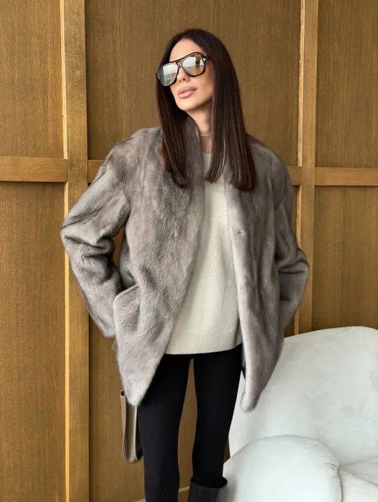 Норковый жакет в натуральном сером цвете - фото 10