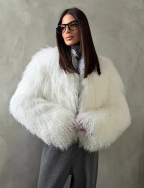 Белая кроп-шуба из меха ламы - фото 7