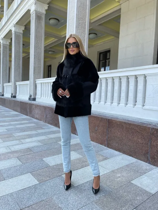 Черная дубленка из натуральной овчины - фото 2