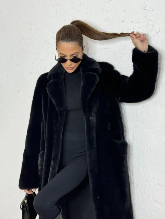 Шуба из плюшевой норки с английским воротником - цвет инфинити - фото 3
