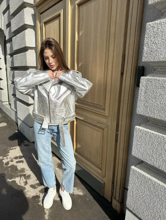 Куртка - косуха из натуральной кожи цвет серебристый - фото 9