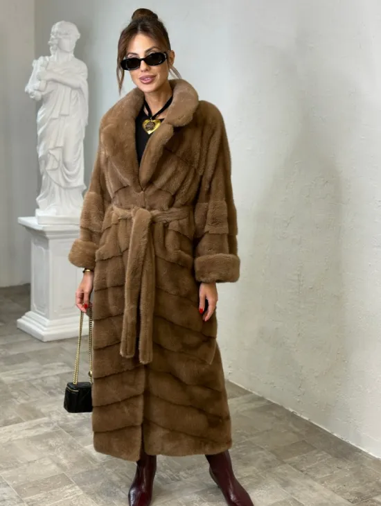 Длинная шуба карамель кимоно мех NAFA - фото 0