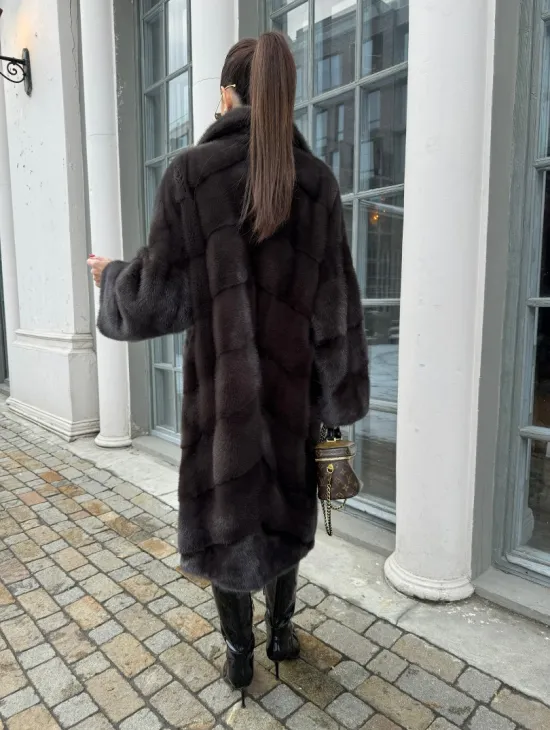 Норковая шуба с английским воротником - цвет уголь - фото 3