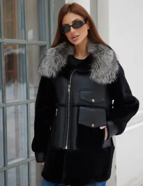 Дубленка черная с меховым воротником - фото 2