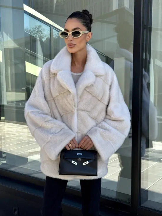 Короткая норковая шуба с английским воротником - цвет ваниль - фото 0