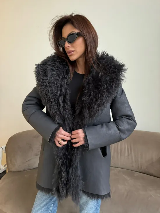Двусторонняя шуба - дубленка из овчины цвет графит - фото 3