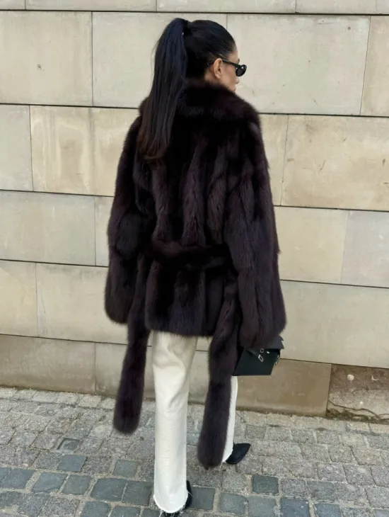 Шуба - жакет из меха куницы в цвете BURGUNDY - фото 7